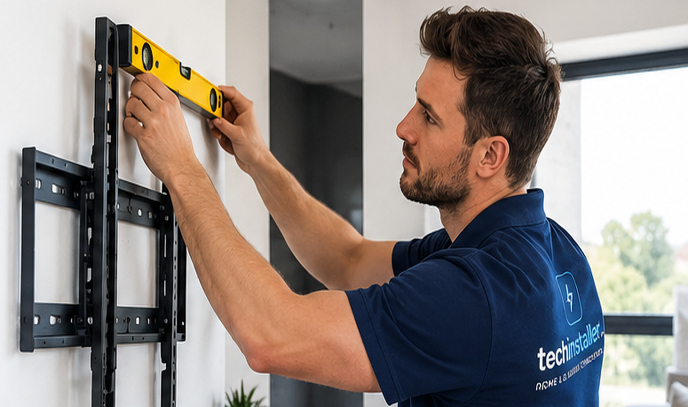 Illustrative photo of a technician measuring a television wall bracket
